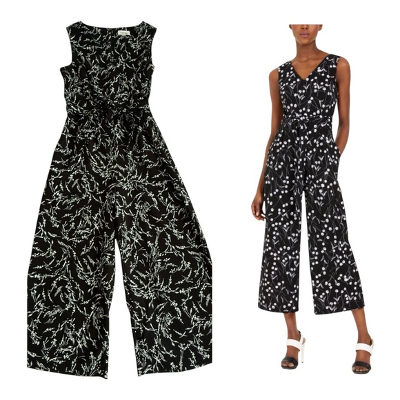 Calvin Klein Pants - Calvin Klein Black White Floral Jumpsuit Wide Leg Belted Size 10 Cropped